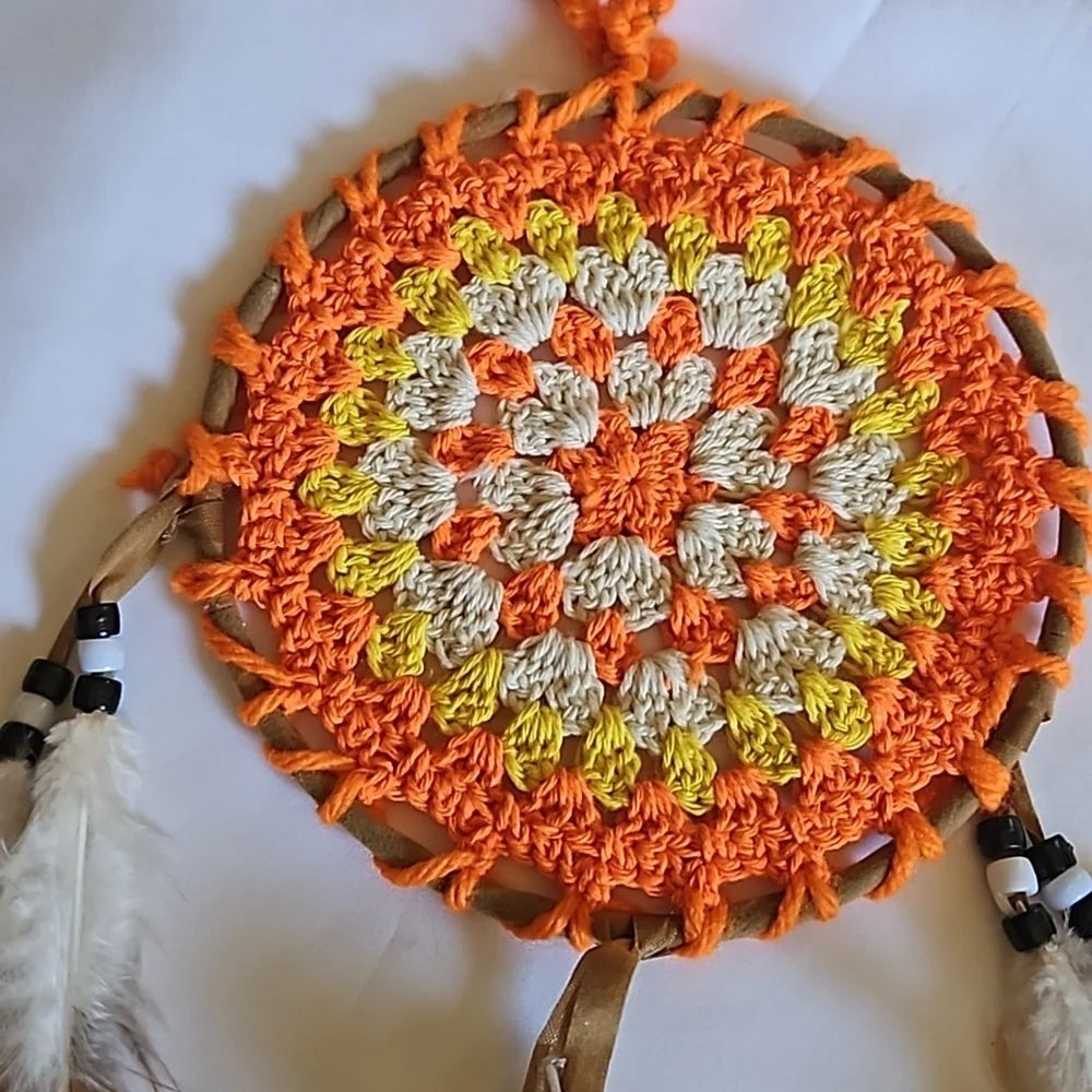 Hand Crafted Dreamcatcher Crochet orange handmade knit floral fall decor